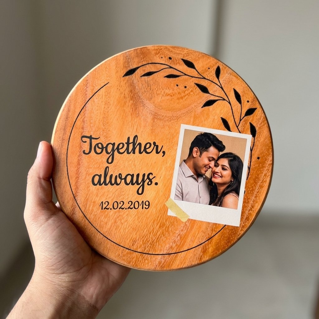 Close-up of the printed quote and photo on the mango wood plaque, held in hand
