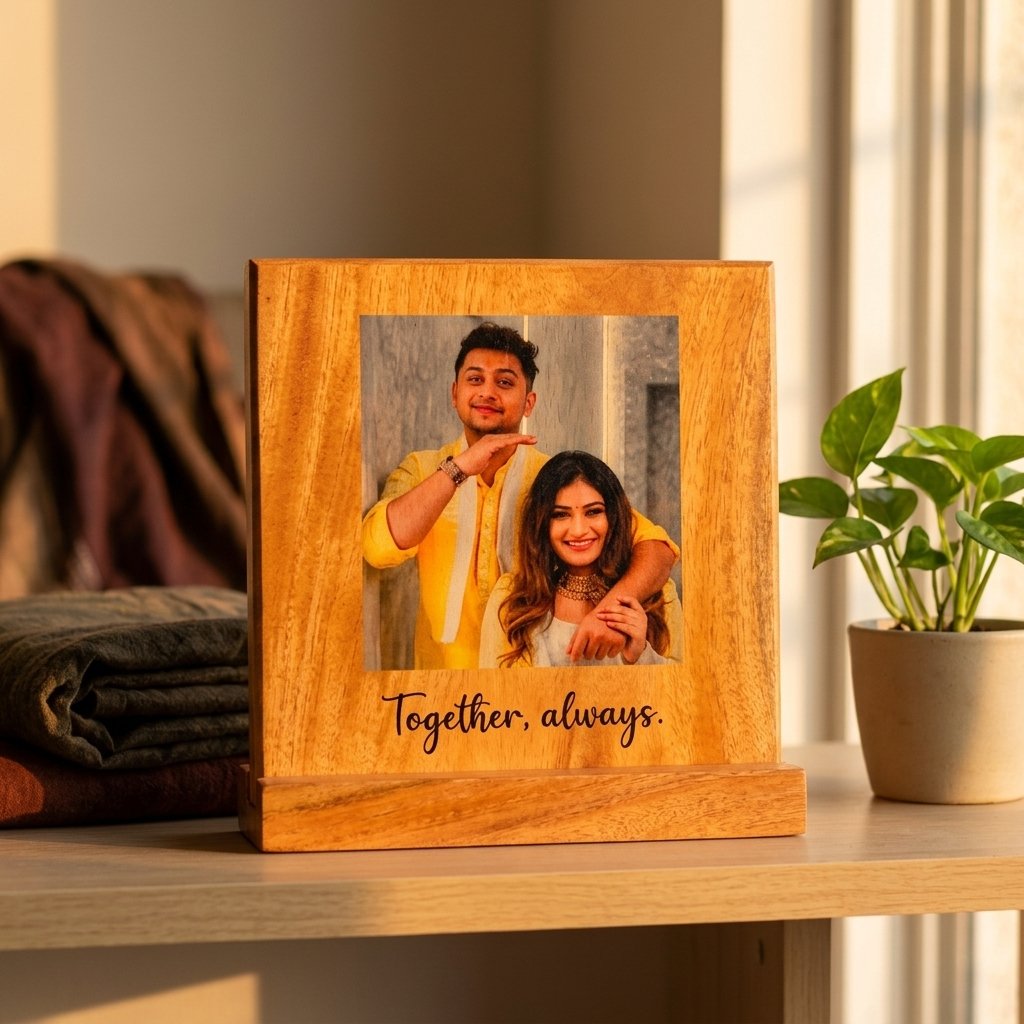 Personalised photo frame with quote on a living room shelf, mango wood print