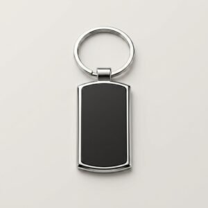 Personalised rectangle metal logo keychain with black insert panel and chrome frame
