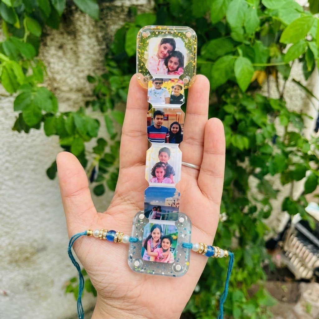 Personalised Resin Ladder Magnet Rakhi – Opens to Reveal 6 Photos, with Name — close-up detail view showing personalisation and craftsmanship