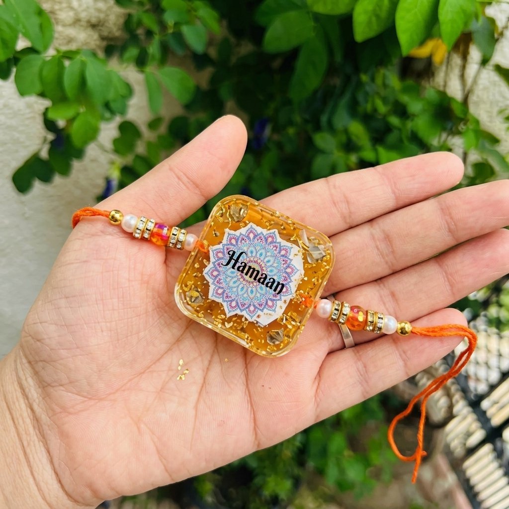 Personalised Resin Ladder Magnet Rakhi – Opens to Reveal 6 Photos, with Name — close-up detail view showing personalisation and craftsmanship