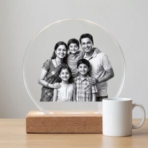 Round photo crystal shown beside a coffee mug for scale, about 17 cm across on its wooden LED base