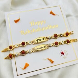 Personalised Rudraksha & Stone Name Bracelet Rakhi with Roli-Chawal & Greeting Card — gift-ready presentation suitable for special occasions