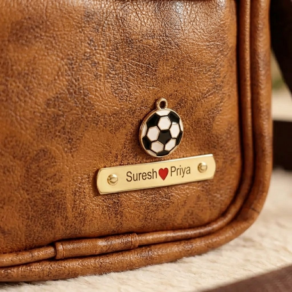 Close-up of the engraved name plate and charm on the personalised sling bag