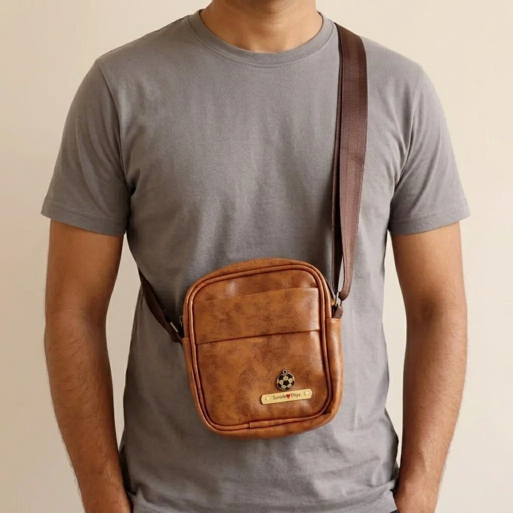 Man wearing the personalised tan crossbody sling bag, showing size and fit