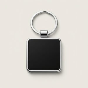 Personalised square metal logo keychain with black insert panel and chrome frame