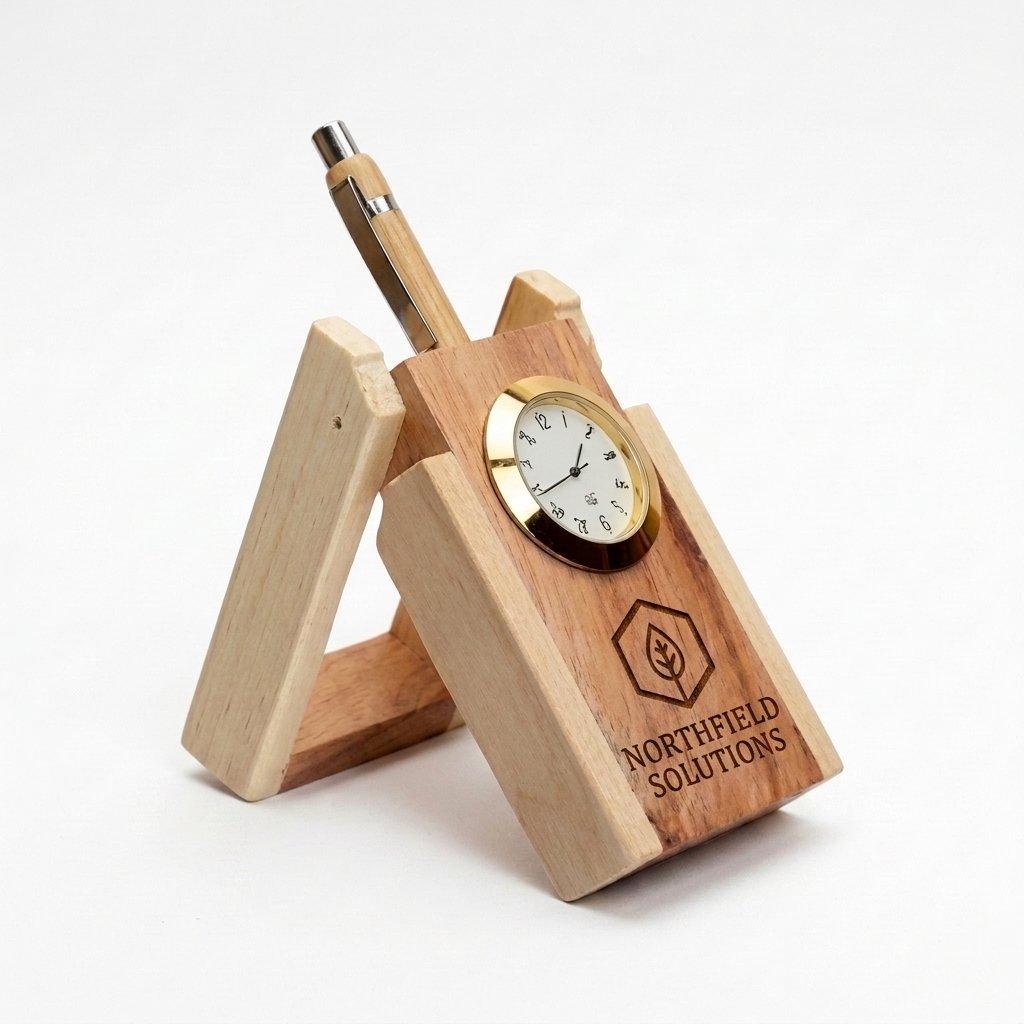 Personalised Wooden Pen Stand with Clock – Name or Company Logo Engraved Desk Organiser — gift-ready presentation suitable for special occasions