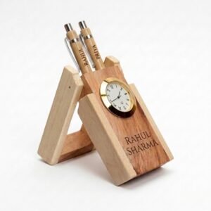 Personalised Wooden Pen Stand with Clock – Name or Company Logo Engraved Desk Organiser — close-up detail view showing personalisation and craftsmanship