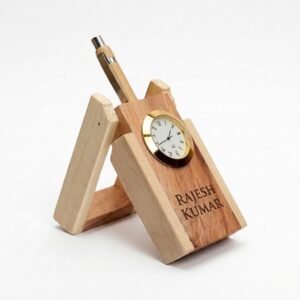 Personalised Wooden Pen Stand with Clock – Name or Company Logo Engraved Desk Organiser — gift-ready presentation suitable for special occasions