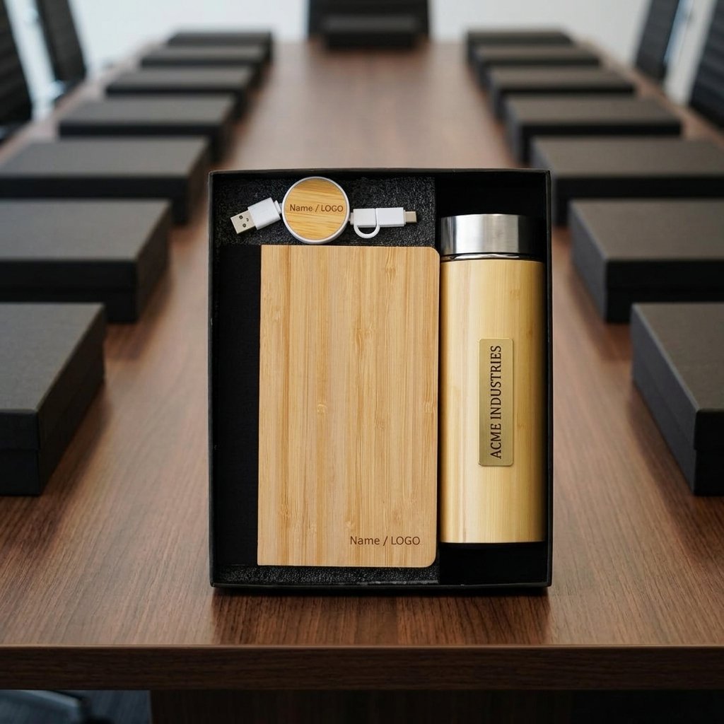 Bamboo corporate gift set branded with a company name