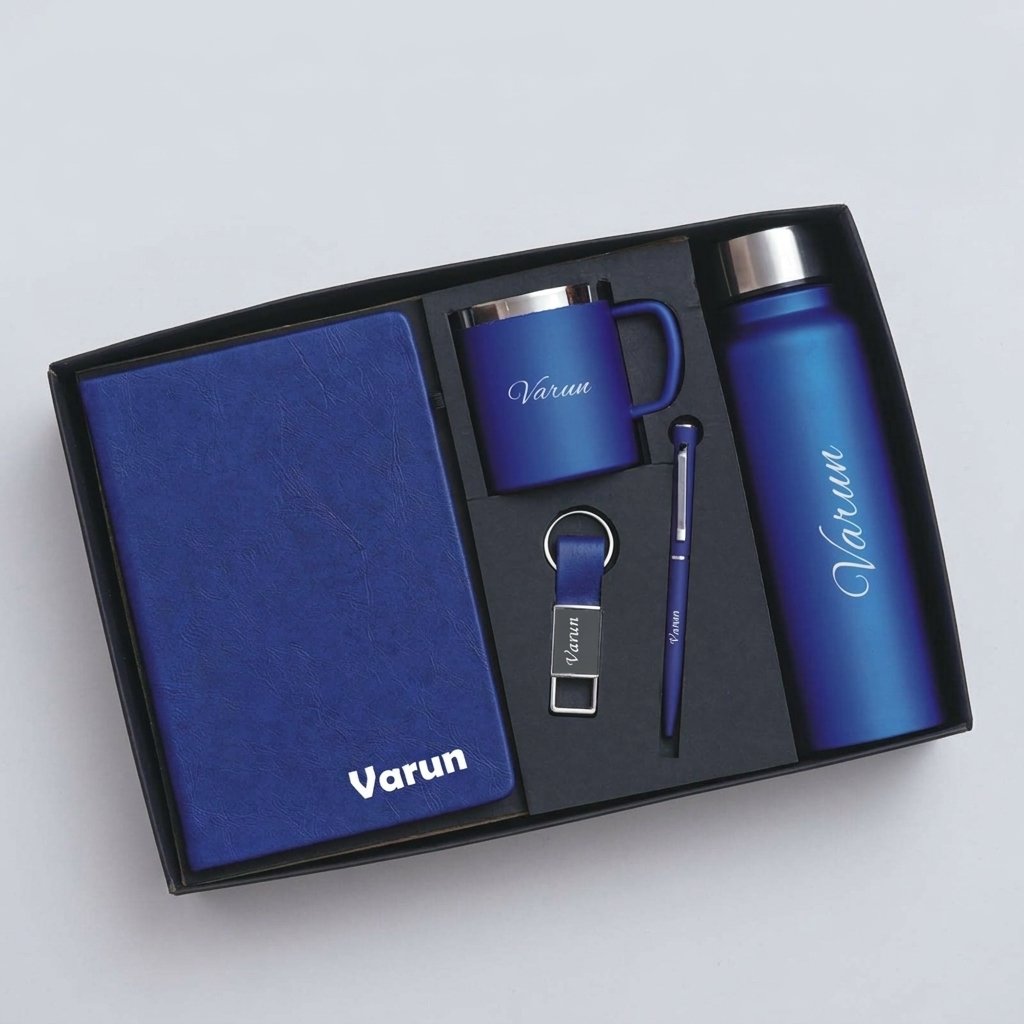 Personalised gift set in blue – diary, steel cup, steel bottle, pen and keychain with name