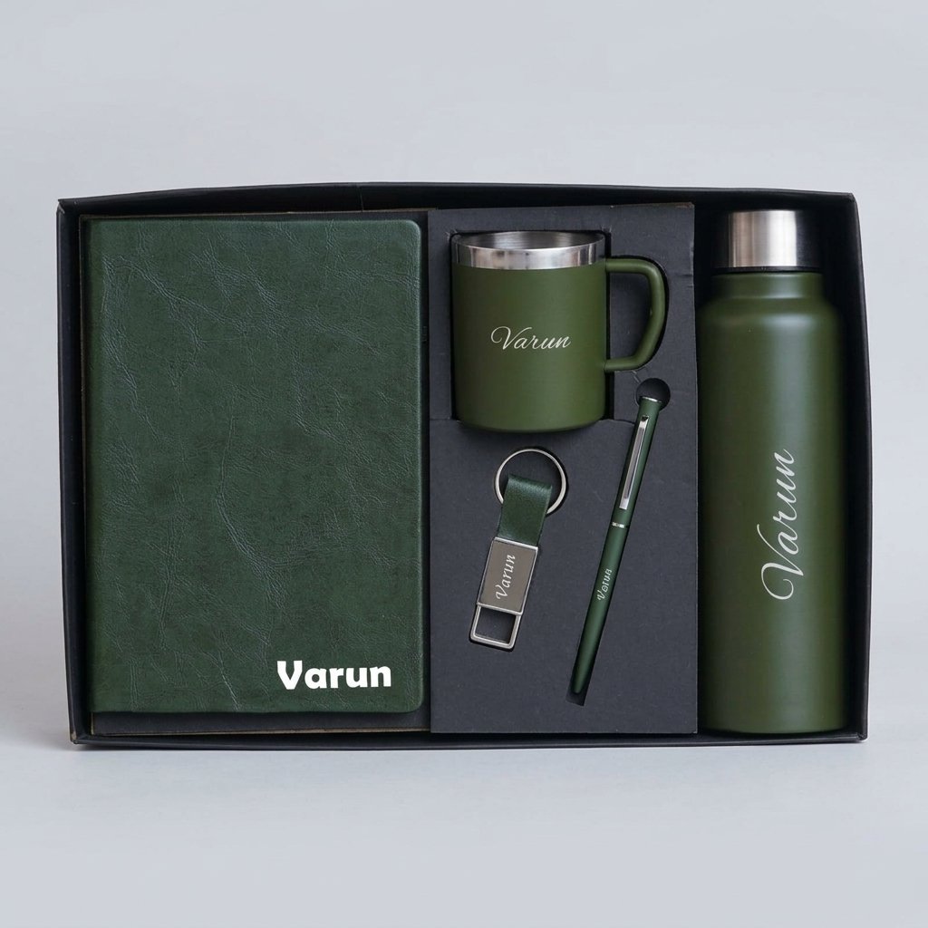 Personalised gift set in olive green – diary, steel cup, steel bottle, pen and keychain with name