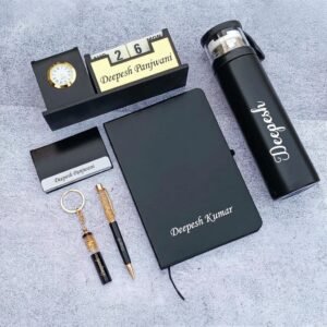 Personalised professional desk combo – pen stand with clock and calendar, name plate, diary, bottle, pen and keychain engraved with name