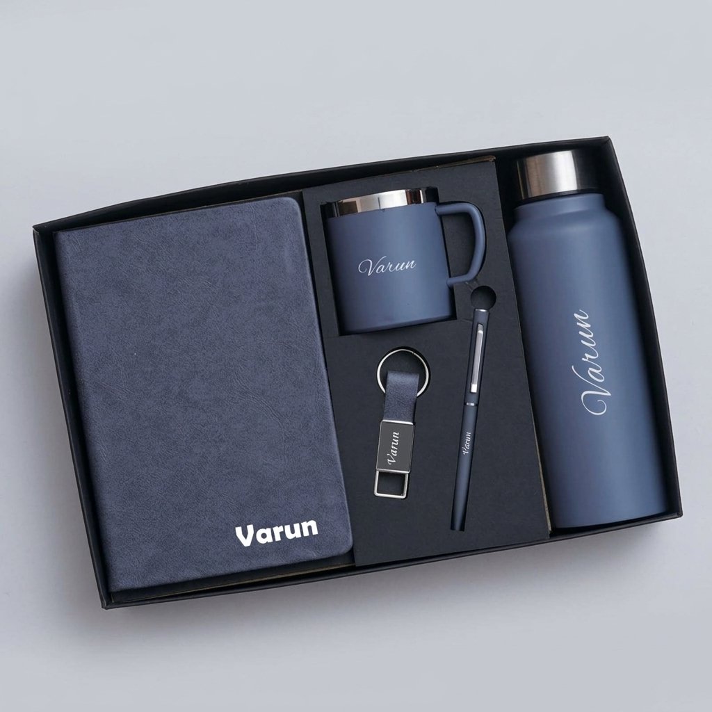 Personalised gift set in grey – diary, steel cup, steel bottle, pen and keychain with name