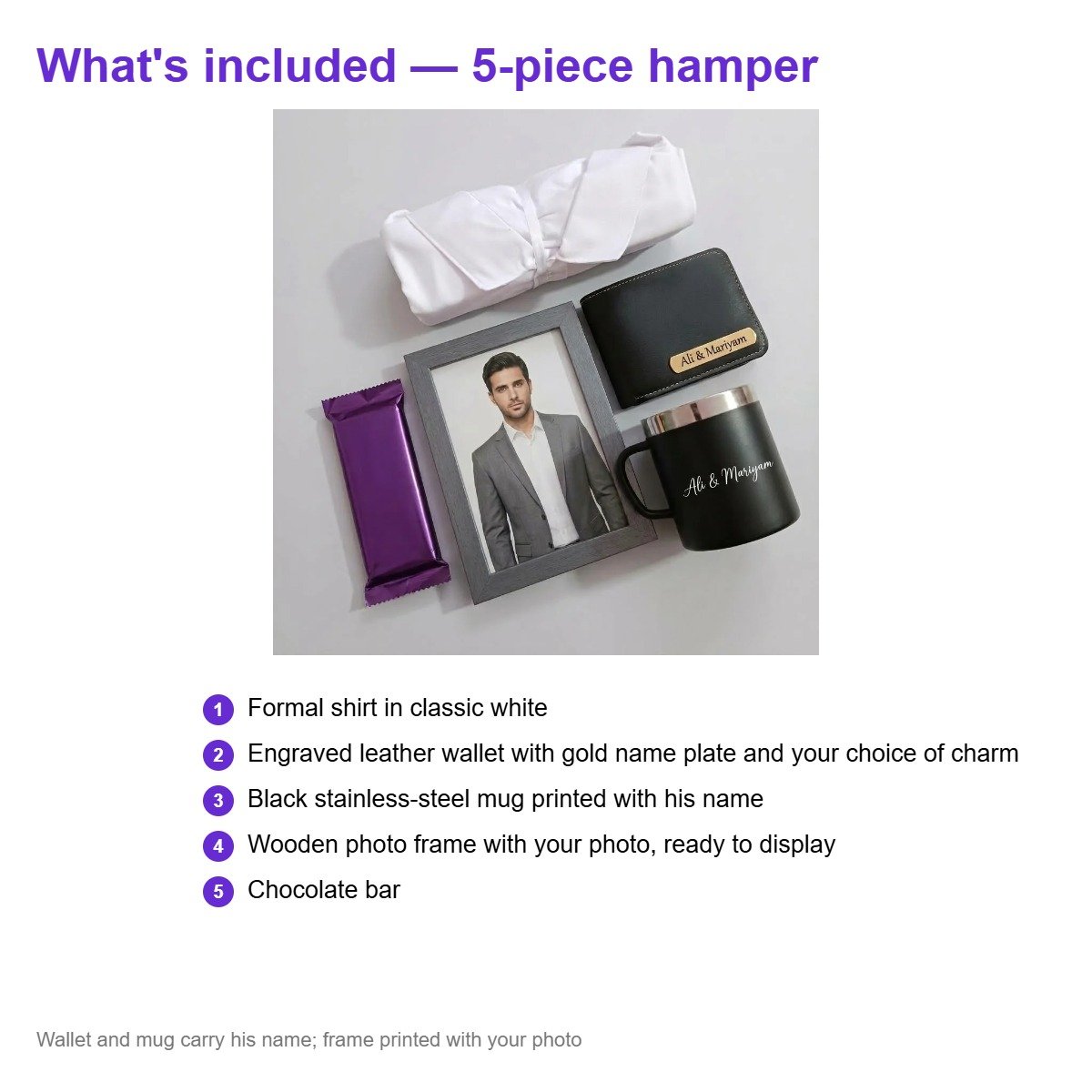 What's included – Personalised Shirt, Name Mug, Wallet, Chocolate & Frame hamper