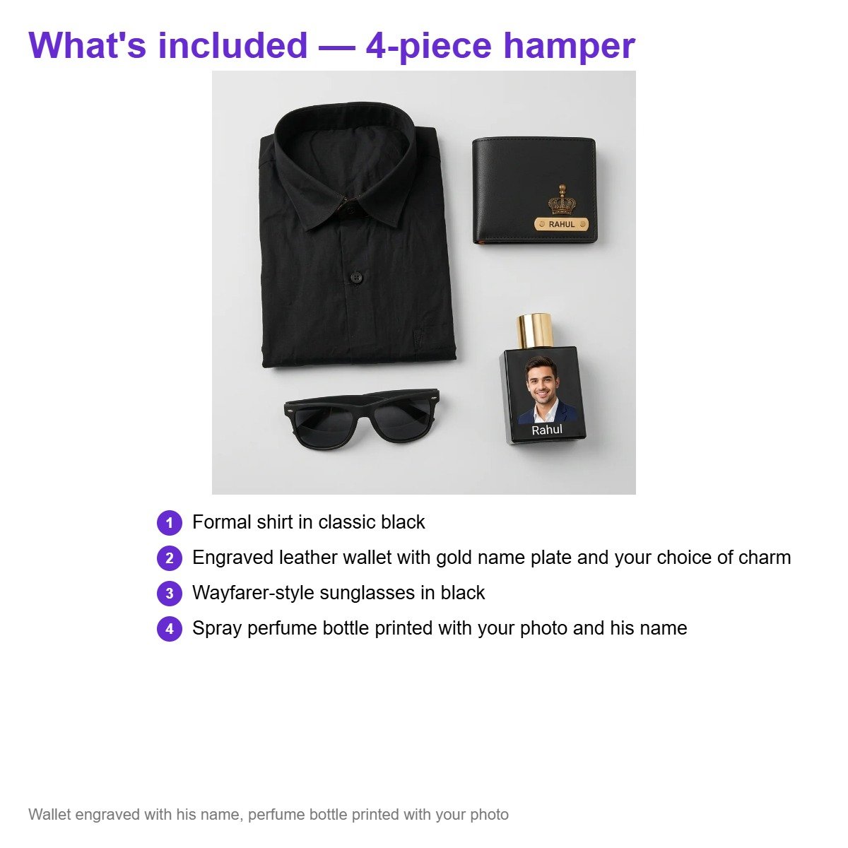 What's included – Personalised Shirt Hamper with Wallet & Sunglasses – Premium Gift Combo | Birthday Gift for Husband Boyfriend