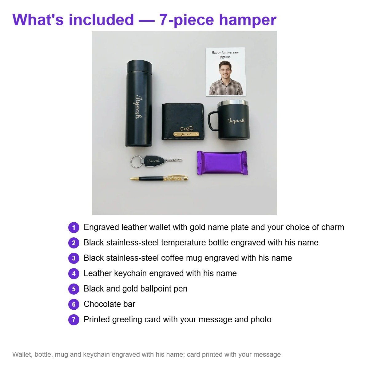 What's included – Personalised Men's Wallet, Bottle & Chocolate Gift Hamper | Birthday Anniversary Gift for Husband Boyfriend