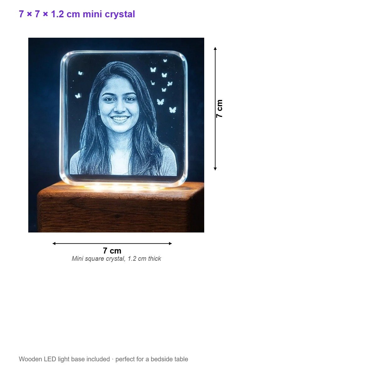 Personalised Mini Square 3D Photo Crystal with Wooden LED Base – Birthday & Anniversary Gift for Friend, Him & Her | 7×7×1.2 cm - Image 2
