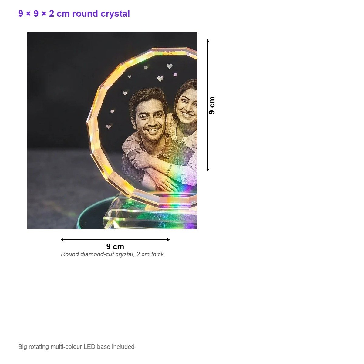 Personalised Diamond Cut Round Photo Crystal with Rotating LED Base – Anniversary, Valentine & Wedding Gift for Couple | 9×9×2 cm - Image 2