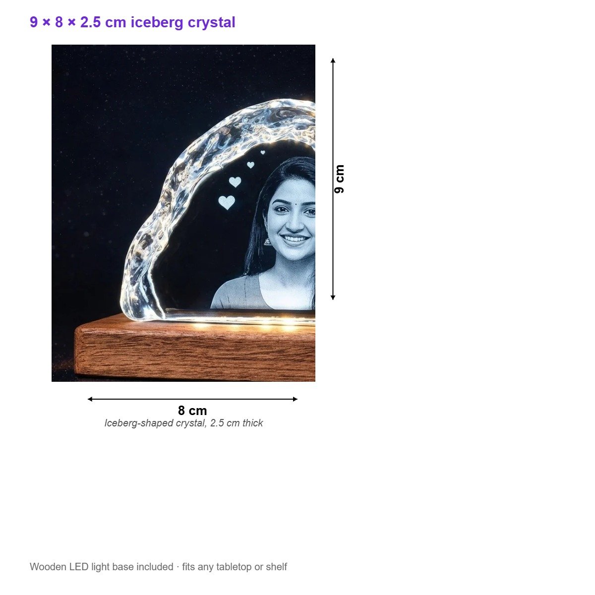 Personalised Iceberg Photo Crystal with Wooden LED Base – Anniversary, Birthday & Farewell Gift for Him Her | 9×8×2.5 cm - Image 2