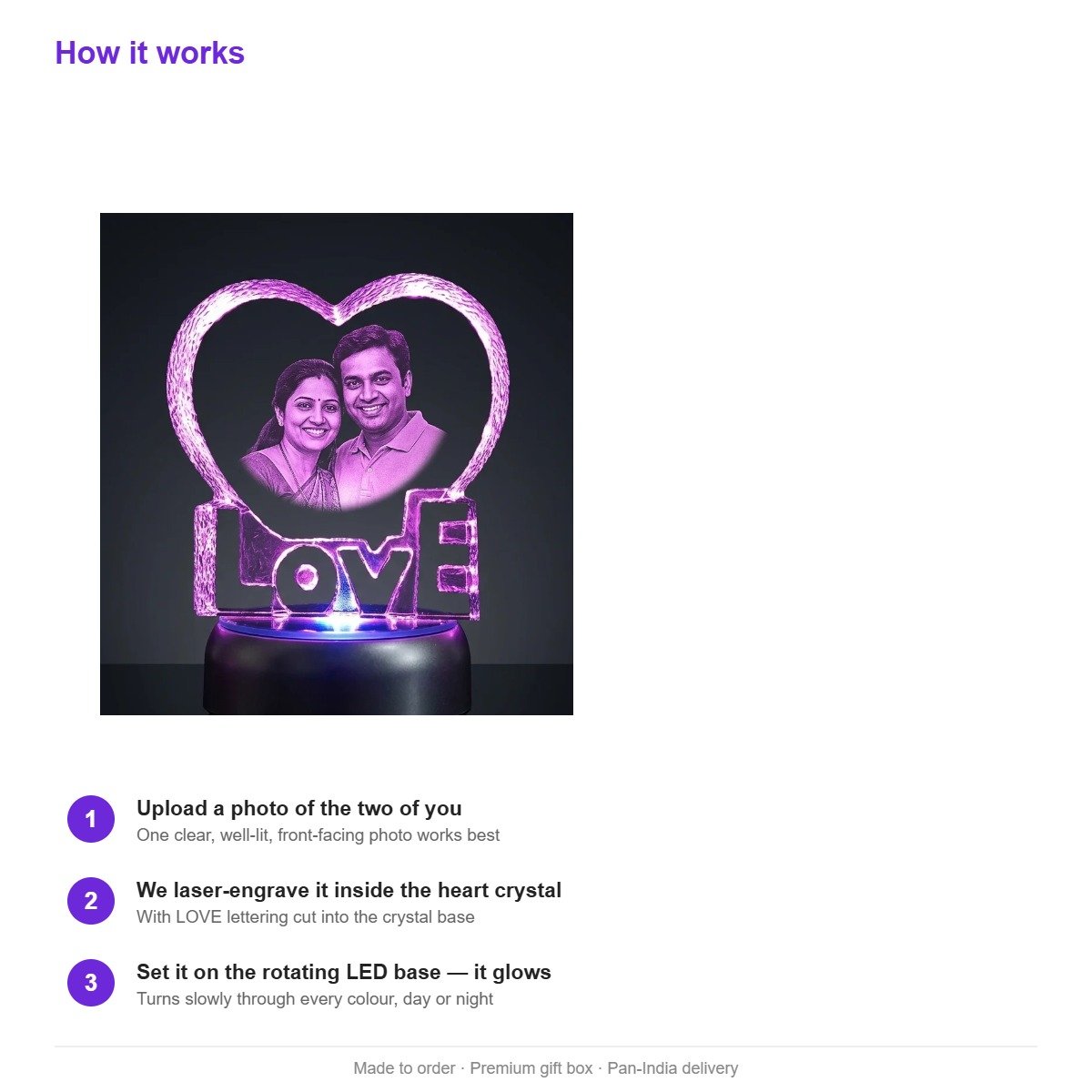 Personalised Heart LOVE Photo Crystal 14 cm with Rotating LED Base - Image 4