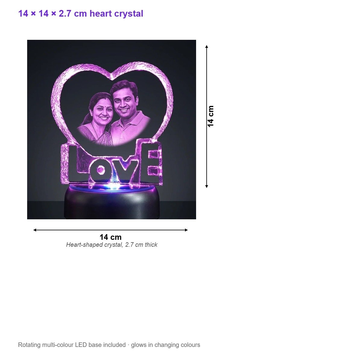 Personalised Heart LOVE Photo Crystal 14 cm with Rotating LED Base - Image 3