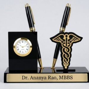 Personalised Doctor Pen Stand with Name & Clock – Caduceus Desk Organiser | MBBS Doctor Gift (3.5 x 5 inch)