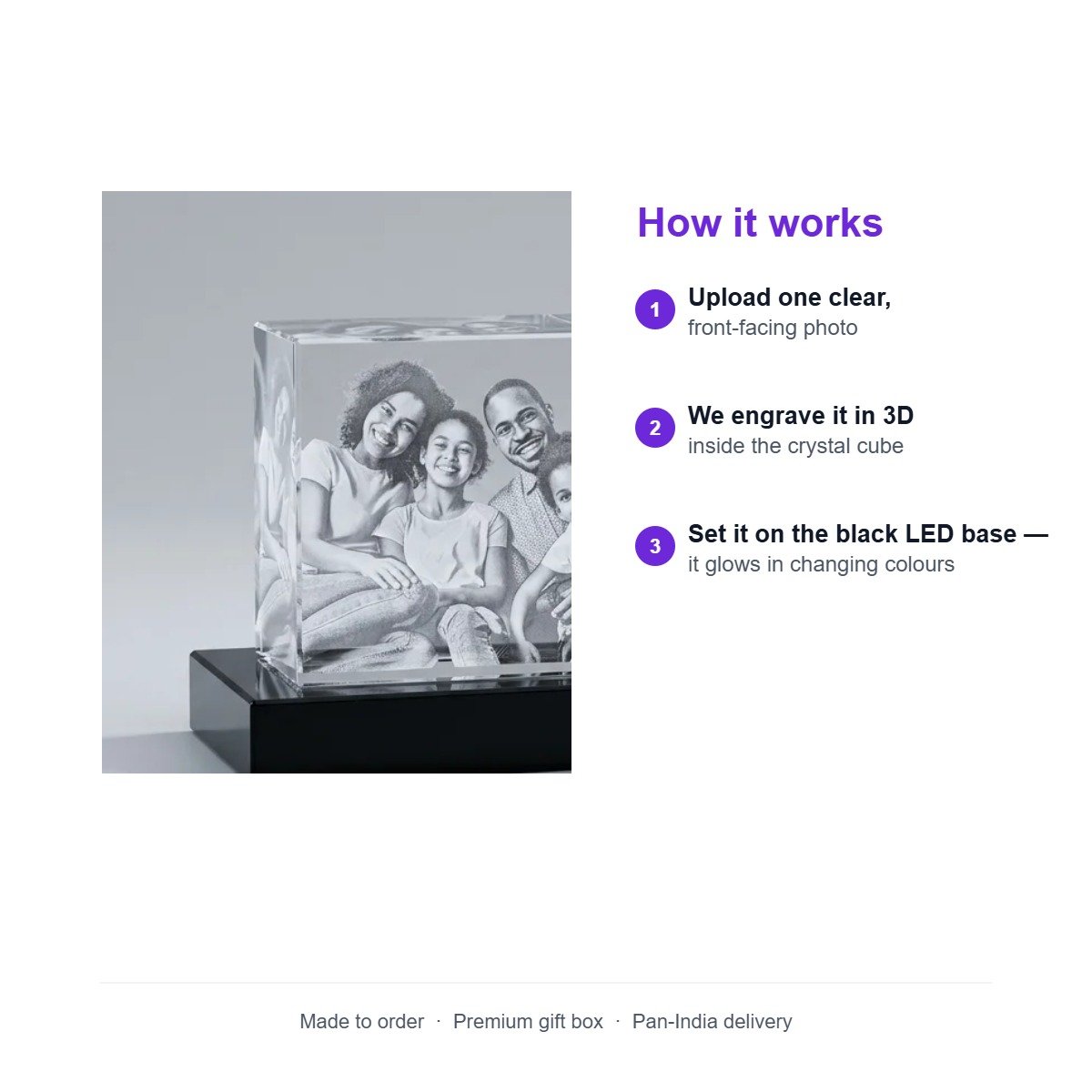 3D Engraved 8×8×8 Crystal Cube with Multi-colour LED Base – Personalised Photo Gift | Anniversary | Birthday | Wedding | Valentine Keepsake - Image 4