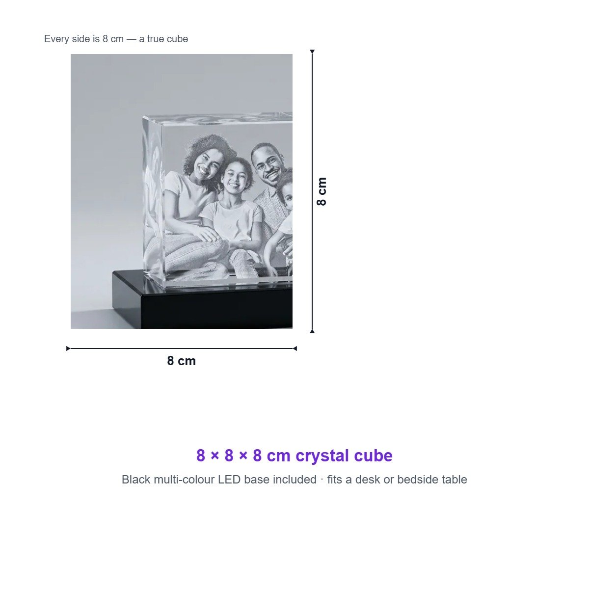 3D Engraved 8×8×8 Crystal Cube with Multi-colour LED Base – Personalised Photo Gift | Anniversary | Birthday | Wedding | Valentine Keepsake - Image 3