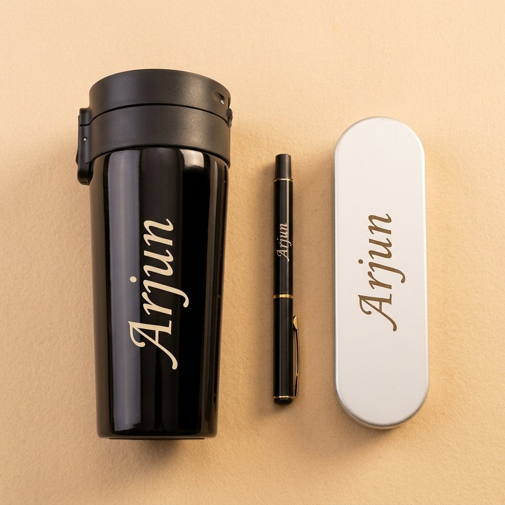 Customized sipper bottle, pen and white gift box combo engraved with the name Arjun, flat lay on a warm cream background