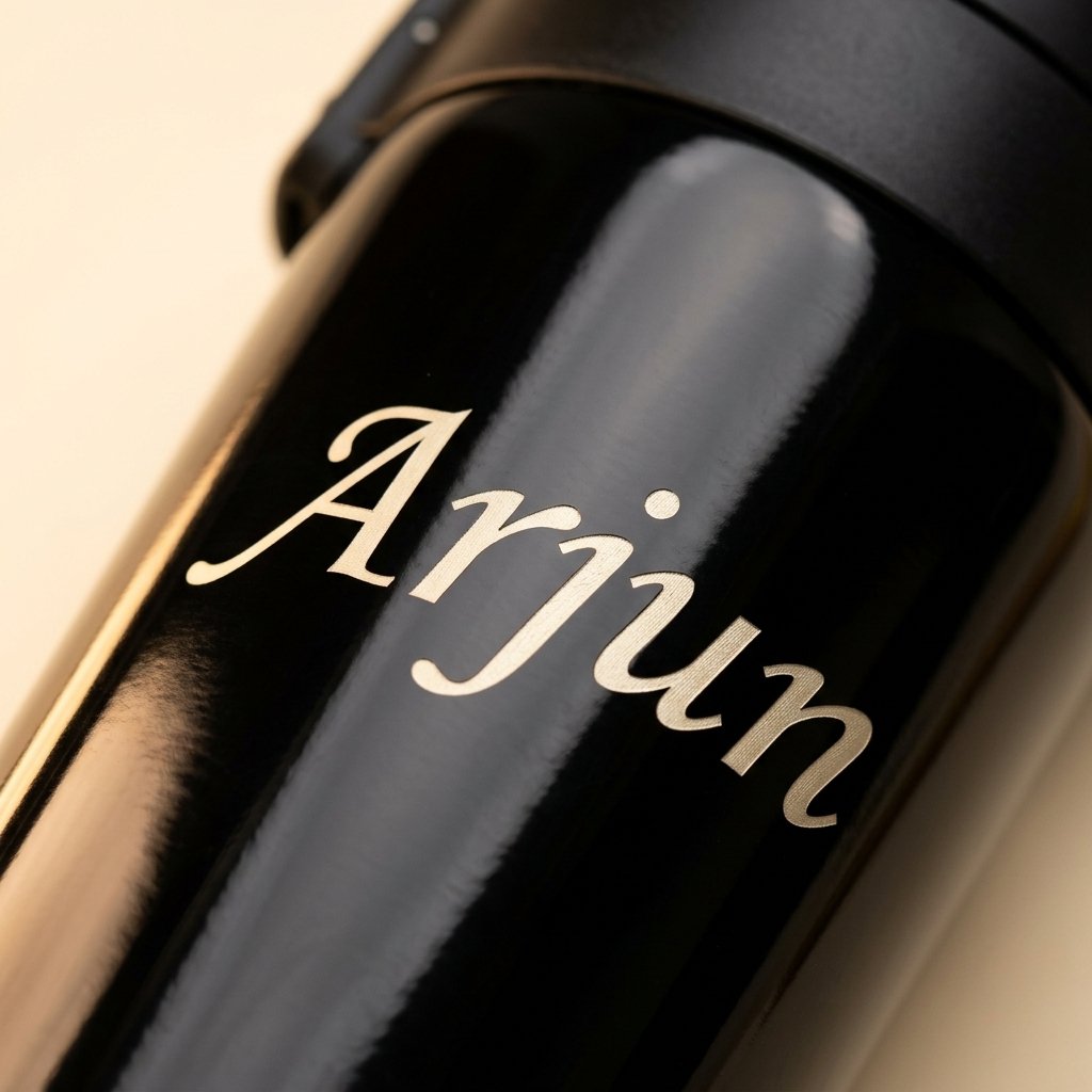 Close-up macro of the laser-engraved name Arjun on the glossy black stainless steel sipper bottle
