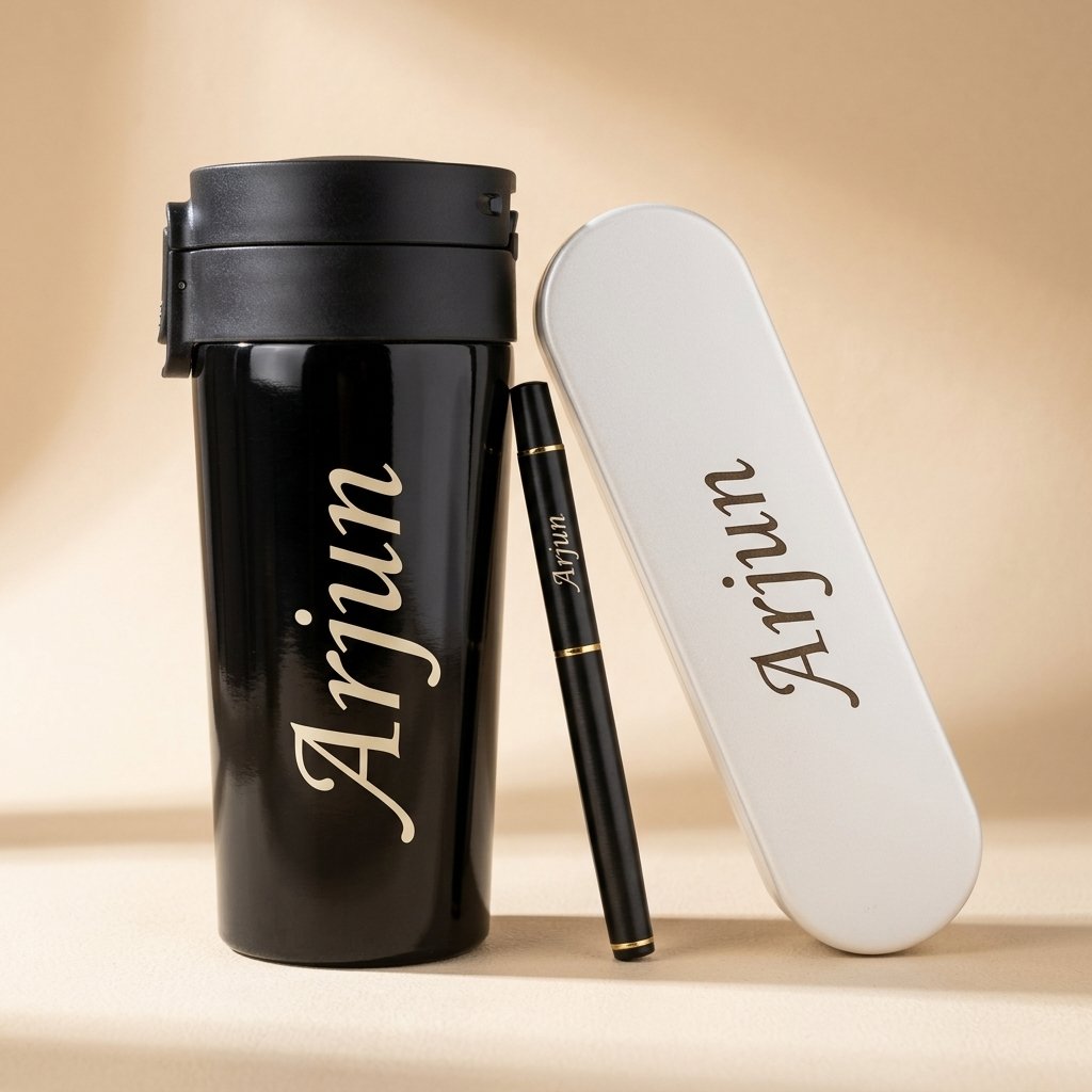 Personalised black stainless steel sipper bottle engraved with the name Arjun, shown with matching engraved pen and white gift box