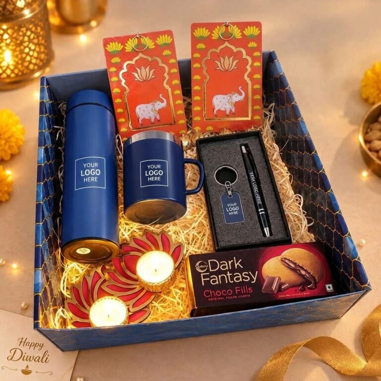 Diwali corporate gift hamper: Insulated Bottle, Mug, Pen & Keychain Gift Set – with your company logo or employee name