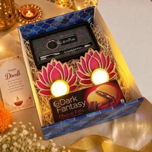 Diwali Gift Hamper – Pen & Keychain Gift Box with Candles — lifestyle photo in real gifting setting