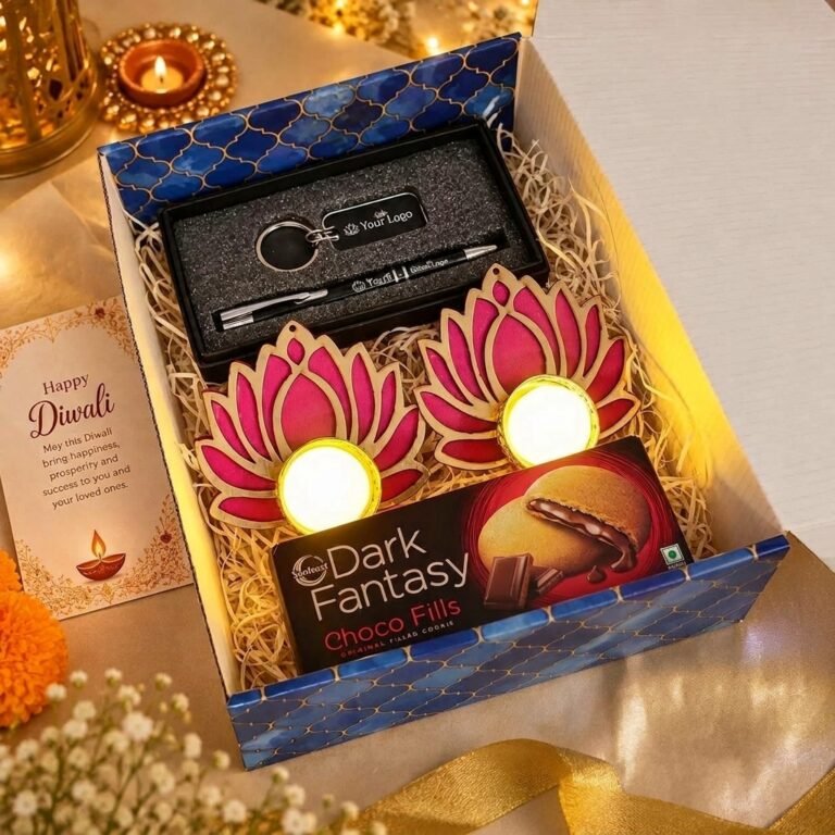 Diwali corporate gift hamper: Pen & Keychain Gift Box with Candles – with your company logo or employee name
