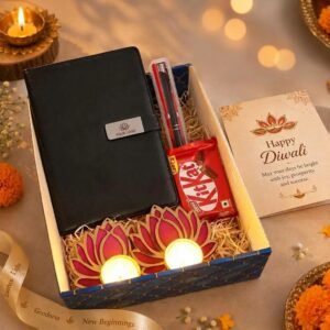 Diwali Gift Hamper – Pen Stand with Candles & Cookies — lifestyle photo in real gifting setting
