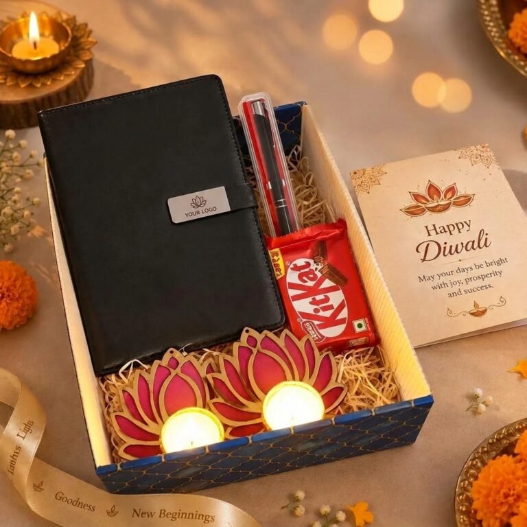 Diwali corporate gift hamper: Magnetic Diary, Pen & Chocolate Gift Set – with your company logo or employee name