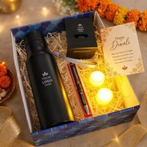 Diwali Gift Hamper – Sleek Bottle, Mobile Stand & Pen Set — lifestyle photo in real gifting setting