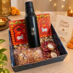 Diwali Gift Hamper – Sleek Steel Bottle with Dry Fruits & Diwali Wall Hanging — lifestyle photo in real gifting setting
