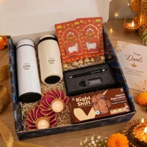 Diwali Gift Hamper – Steel Bottle with Dry Fruits & Diwali Wall Hanging — lifestyle photo in real gifting setting
