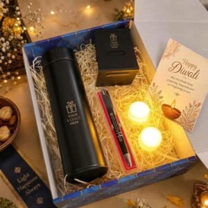 Diwali Gift Hamper – Temperature Display Bottle, Mobile Stand & Pen Set — lifestyle photo in real gifting setting