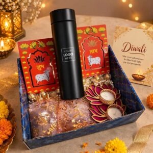Diwali Gift Hamper – Temperature Display Bottle with Dry Fruits & Diwali Wall Hanging — lifestyle photo in real gifting setting