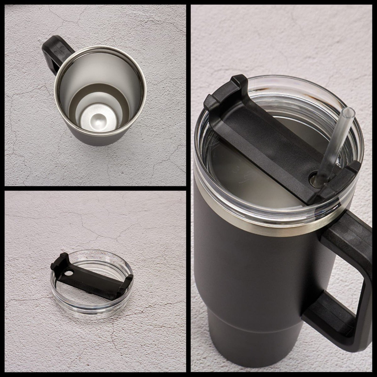 40oz tumbler details: stainless interior, clear lid with straw hole, handle