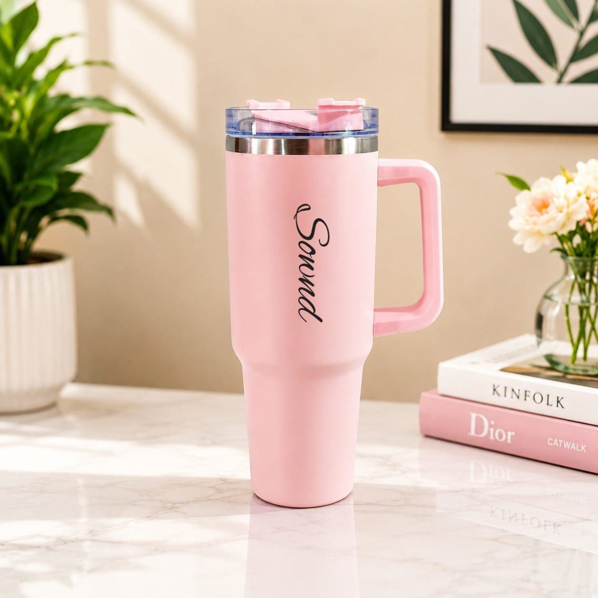 Pink personalised 40oz tumbler with handle, name Sonnd