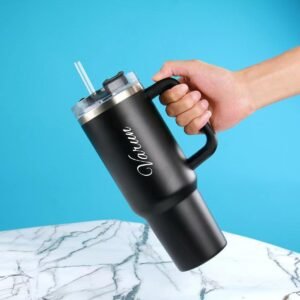 Black 40oz insulated tumbler with handle and straw, personalised with name Varun