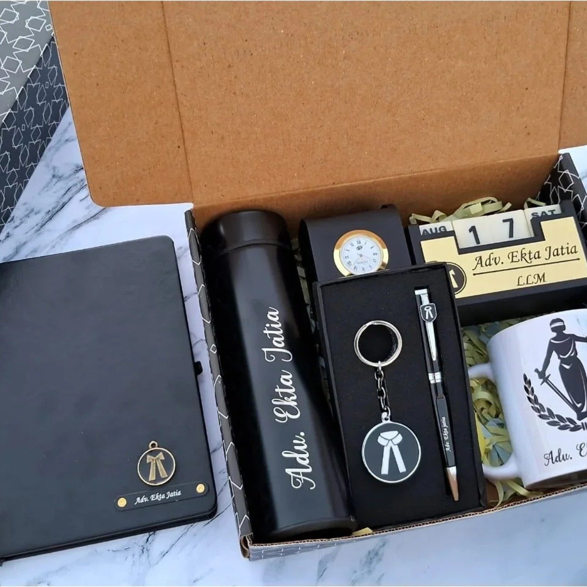 Personalised advocate desk combo with gold charm diary, packed in gift box – real customer order