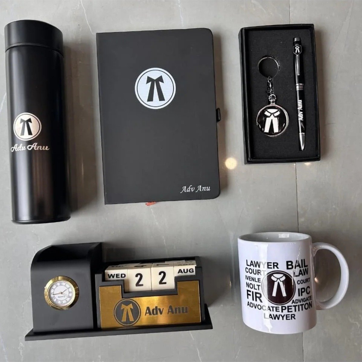 All five pieces of the personalised advocate desk combo laid out