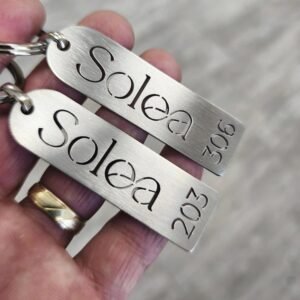 Two stainless steel bar keychains with the name Solea and numbers cut out, held in hand