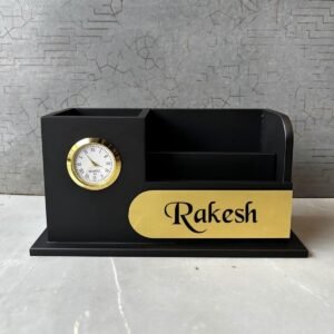 Black MDF desk organiser pen stand with mini clock and gold name plate engraved Rakesh