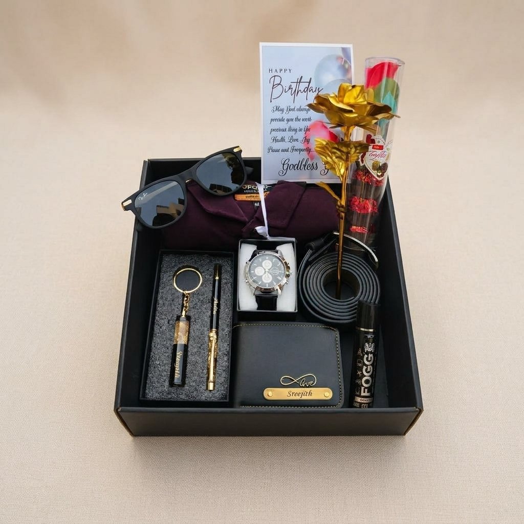 Personalised Men's Shirt, Wallet, Watch, Belt & Sunglasses Gift Hamper — gift-ready presentation suitable for special occasions